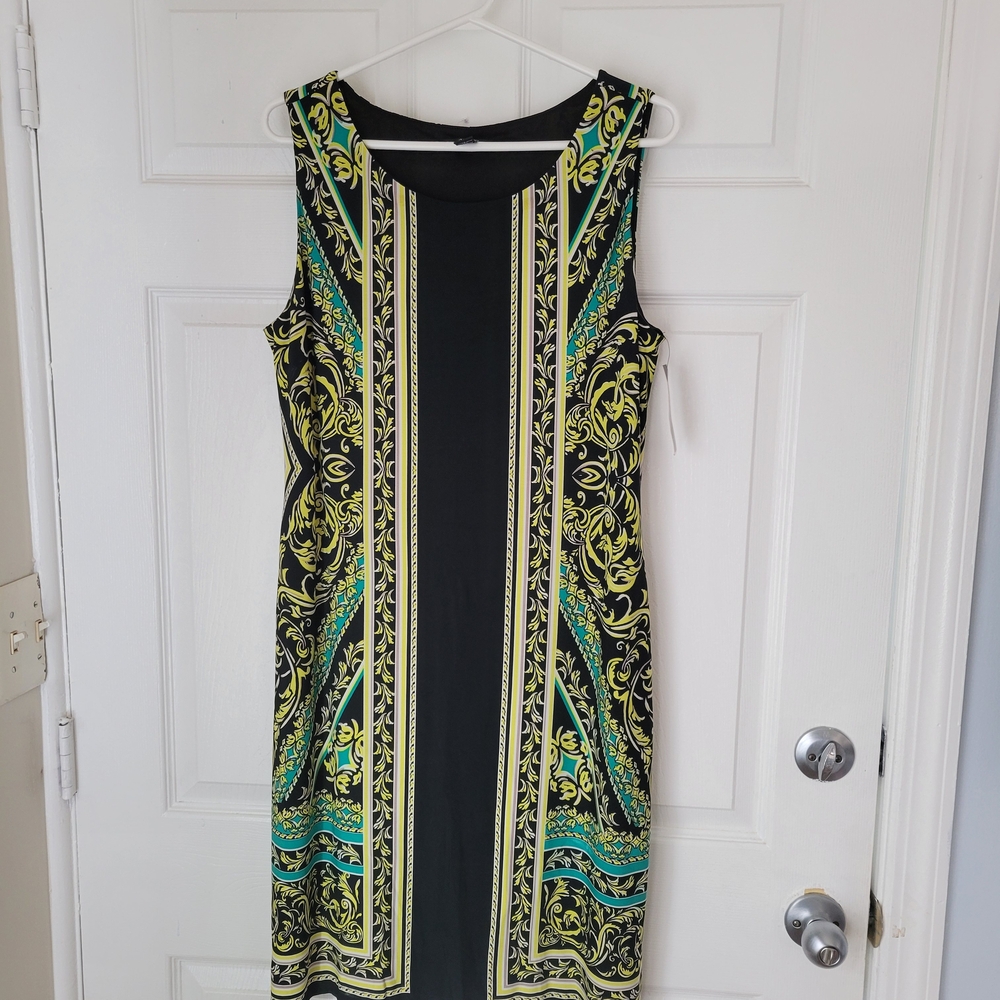 Size L Alfani Black and Yellow Baroque Midi Dress